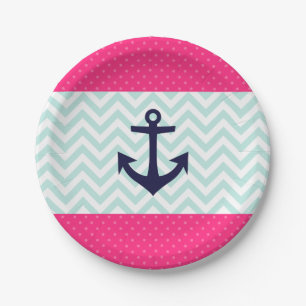 Nautical Pink White Mint Chevron Anchor Pattern Paper Plate
