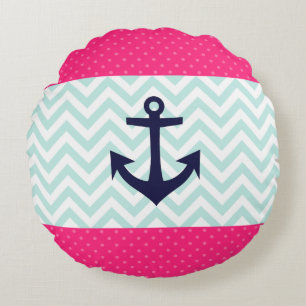 Nautical Pink White Mint Chevron Anchor Pattern Round Pillow
