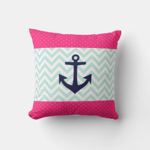 Nautical Pink White Mint Chevron Anchor Pattern Throw Pillow