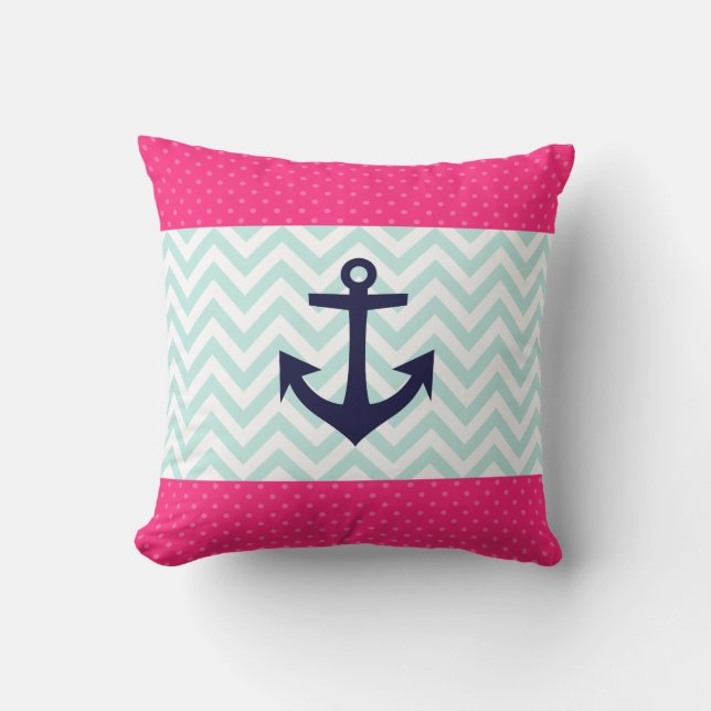 Nautical Pink White Mint Chevron  Anchor Pattern Throw Pillow (Front)