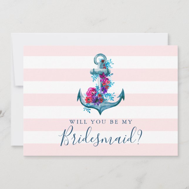 Nautical Pink Will You Be My Bridesmaid Card (Front)