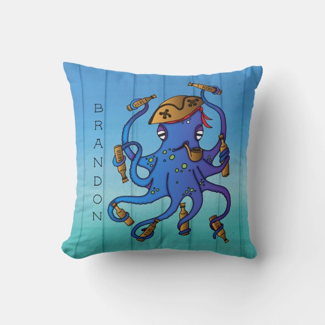 Nautical Pirate Octopus Drunk on Rum Wood Effect Throw Pillow (Front)