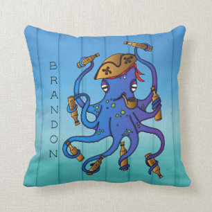Nautical Pirate Octopus Drunk on Rum Wood Effect Throw Pillow