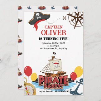 Nautical Pirate Sea Ship Birthday Invitation Card