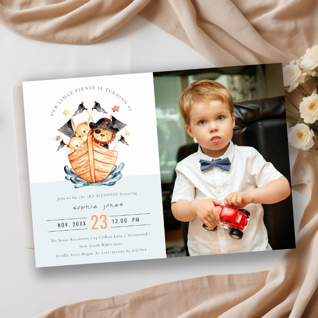 Nautical Pirate Ship Lion Cub Kids Photo Birthday Invitation (Creator Uploaded)