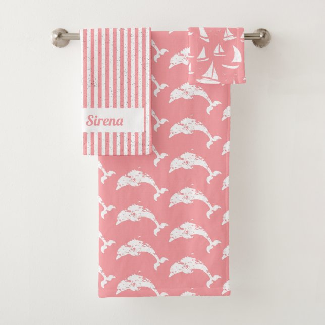 Nautical Pretty Pink Patterned Dolphin and Sailing Bath Towel Set (Insitu)
