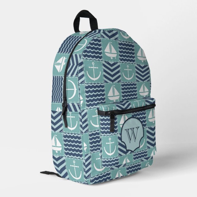 Nautical Quilt Printed Backpack (Back Corner Left)