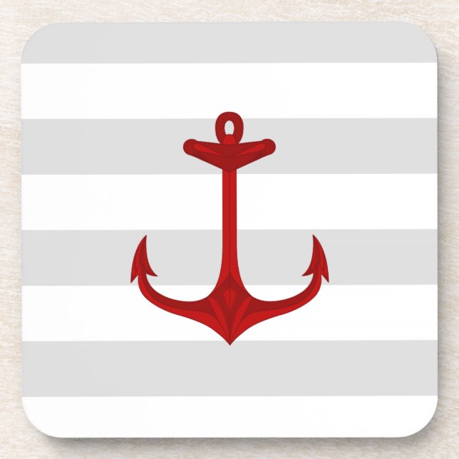 Nautical Red Anchor Grey White Stripes Coaster (Front)