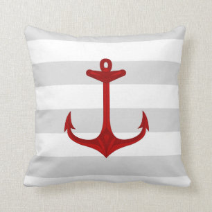 Nautical Red Anchor Grey White Stripes Throw Pillow