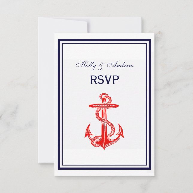 Nautical Red Anchor Navy Blue Framed 2V RSVP Card (Front)