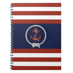 Nautical red anchor/Navy knot/blue/white stripe Notebook