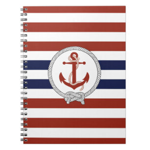 Nautical red anchor/Navy knot/blue/white stripe Notebook