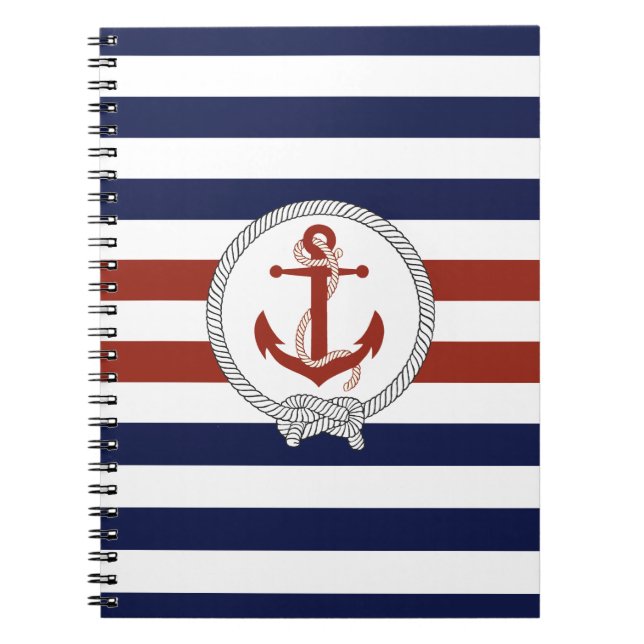 Nautical red anchor/Navy knot/blue/white stripe Notebook (Front)