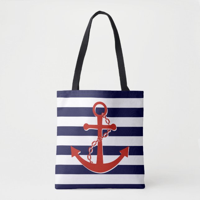 Nautical Red Anchor Navy Stripes Beach Tote Bag (Front)