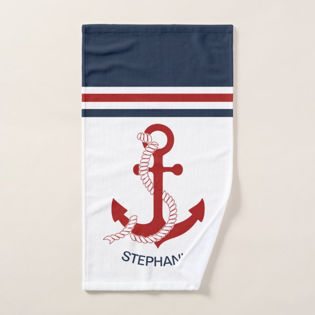 Nautical Red Anchor Red White Blau Stripes Bath Towel Set (Hand Towel)