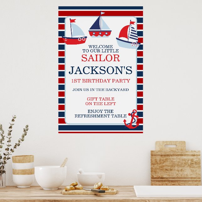 Nautical Red and Blue Sail Boats Boys 1st Birthday Poster (Kitchen)