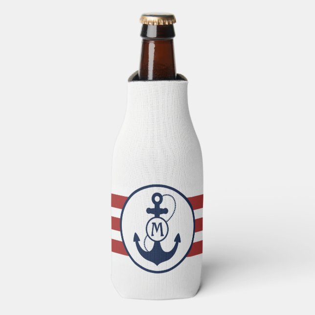 Nautical Red and Navy Blue Anchor Monogram Bottle Cooler (Bottle Front)