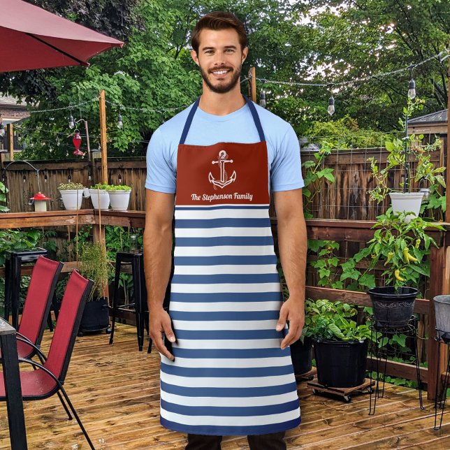 Nautical Red and Navy Striped Personalized Apron (Creator Uploaded)