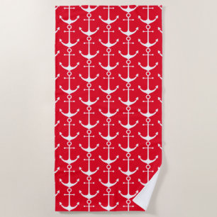 Nautical red and white anchor pattern beach towel