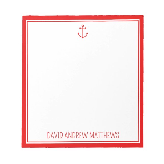 Nautical Red and White Anchor Personalized Notepad (Front)