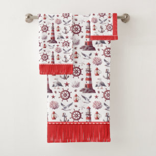 Nautical Red and White with Faux Fringe  Bath Towel Set