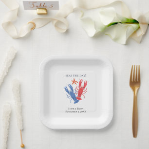 Nautical Red Blue Lobster, Seas the Day Paper Plate