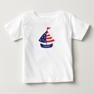 Nautical Red Blue Sailboat Personalized Name Baby T-Shirt