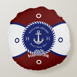 Nautical Red Blue White Anchor Life Ring  Round Pillow