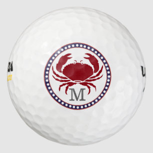 Nautical red crab and grey stripes monogram golf balls