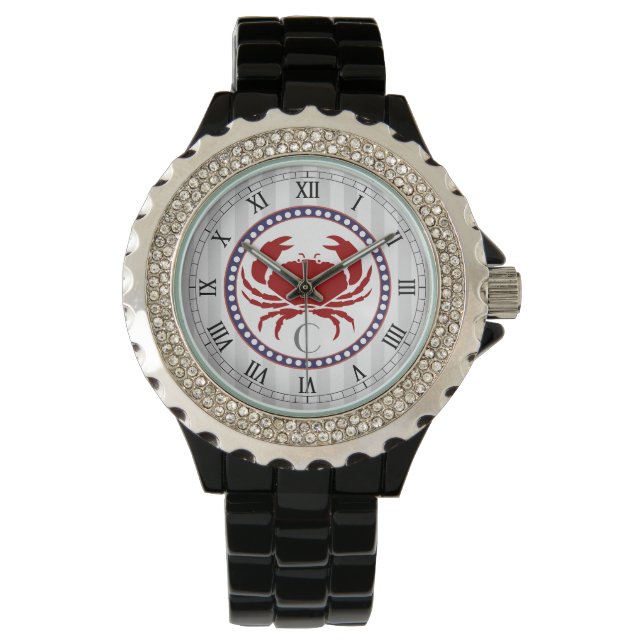 Nautical red crab and grey stripes monogram watch (Front)