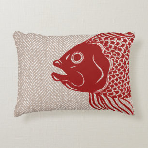 Nautical Red Fish Head & Taupe Herringbone Accent Pillow
