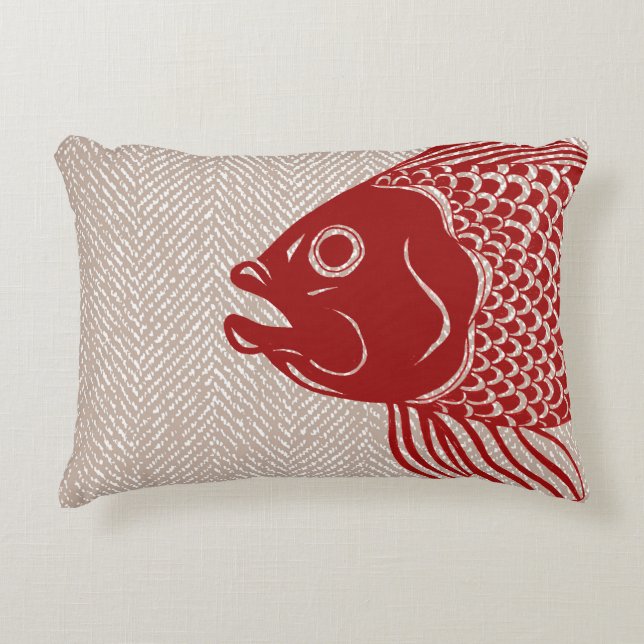 Nautical Red Fish Head & Taupe Herringbone Accent Pillow (Front)