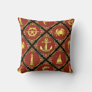 Nautical red/gold/dolphin/sailboat/anchor/crab  throw pillow