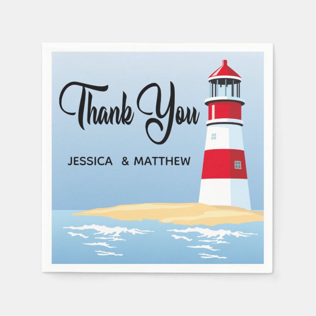 Nautical Red Lighthouse Blue Ocean Wedding / Party Napkin (Front)