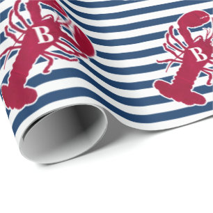 Nautical Red Lobster Blue and White Stripe B Wrapping Paper