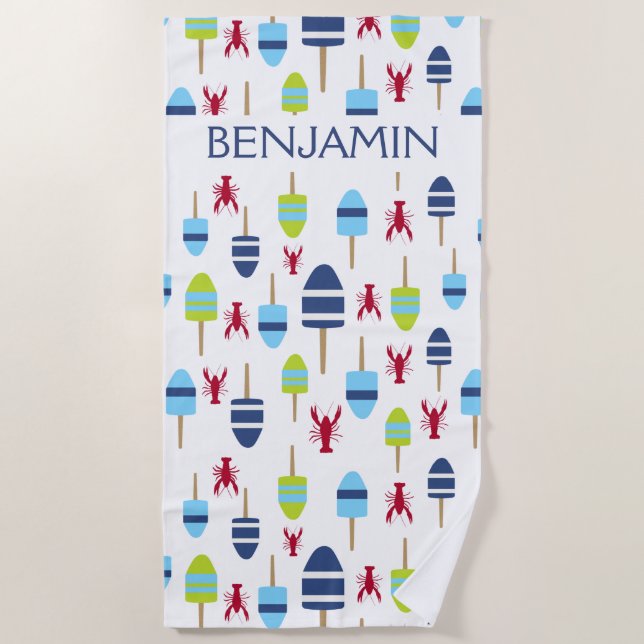 Nautical Red Lobster Buoy Beach House Personalized Beach Towel (Front)