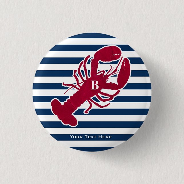Nautical Red Lobster Monogram Blue White Stripe 1 Inch Round Button (Front)