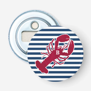 Nautical Red Lobster Monogram Blue White Stripe Bottle Opener
