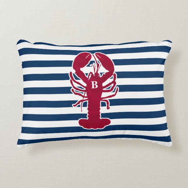 Nautical Red Lobster Monogram Blue White Stripe Decorative Pillow (Front)