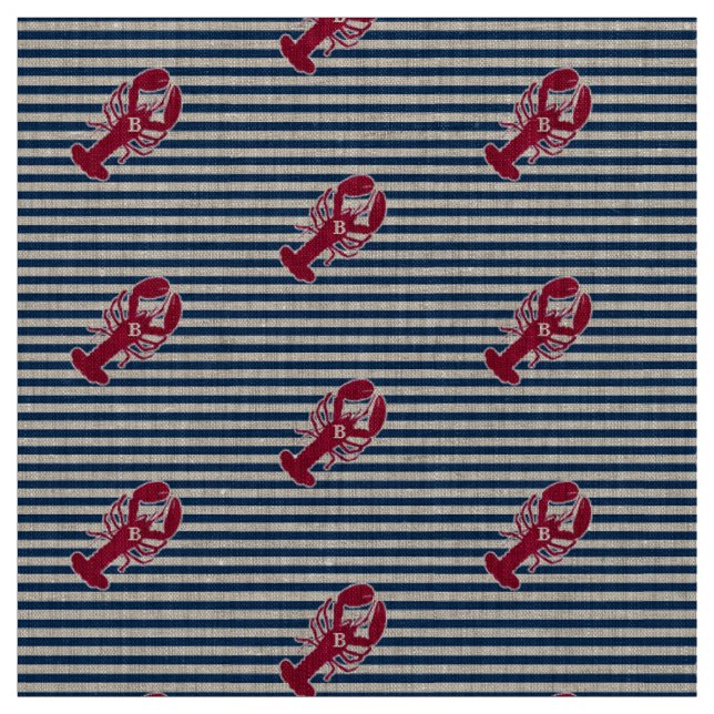 Nautical Red Lobster Monogram Blue White Stripe Fabric (Swatch)