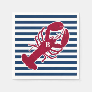 Nautical Red Lobster Monogram Blue White Stripe Napkin