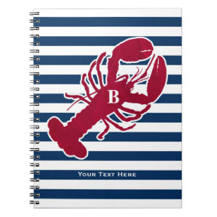 Nautical Red Lobster Monogram Blue White Stripe Notebook