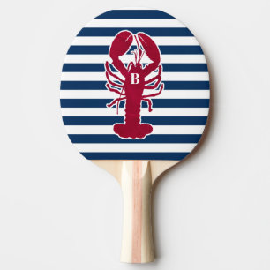 Nautical Red Lobster Monogram Blue White Stripe Ping Pong Paddle