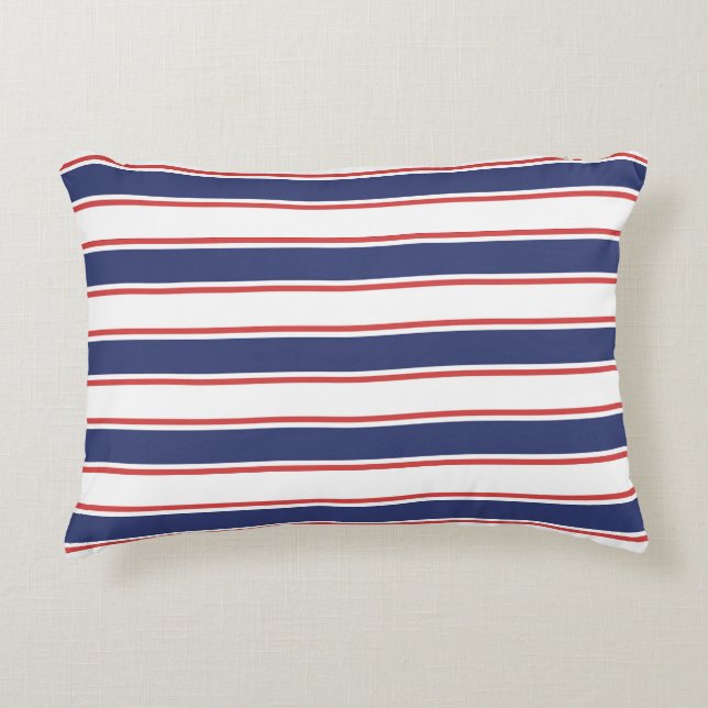 Nautical Red & Navy Blue Stripes Accent Pillow (Front)