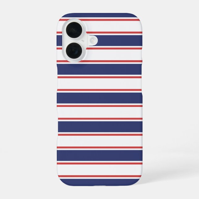 Nautical Red & Navy Blue Stripes iPhone 16 Case (Back)