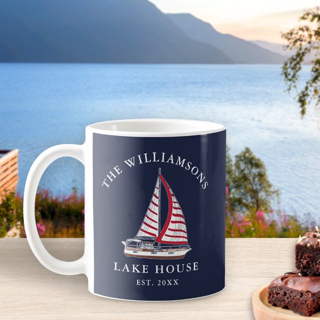 Nautical Red Sailboat Navy Blue Family Lake House Coffee Mug (Creator Uploaded)