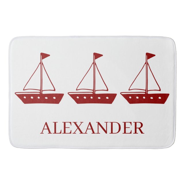 Nautical Red Sailboat on White Personalized Bath Mat (Front)