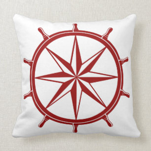 Nautical Red Ship Wheel on White Throw Pillow