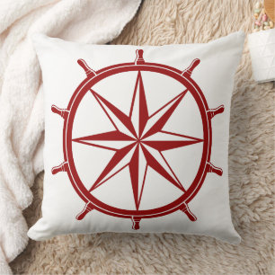 Nautical Red Ship Wheel on White Throw Pillow