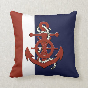 Nautical red ship's wheel/anchor navy blue throw p pillow